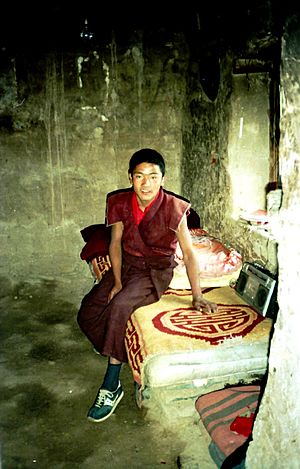 Young monk in meditation cell, Yerpa, Tibet. 1993
