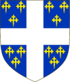 Arms of Sir Nichols Exton, Azure a cross argent between twelve crosses crosslet fitchée or