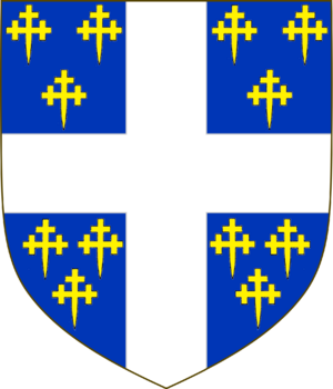 Arms of Sir Nichols Exton, Azure a cross argent between twelve crosses crosslet fitchée or.png