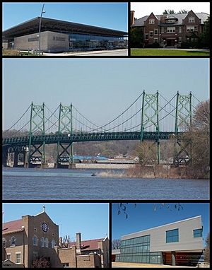 Top: Quad Cities Waterfront Convention Center, Bettendorf House, Middle: I-74 Bridge, Bottom: The Abbey Center, The Family Museum.