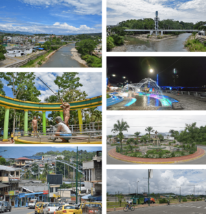 From top, left to right: View of the city center and the Tena River, cable-stayed bridge of the Amazon Park The Island, night view of the Boardwalk, monument to the Quichua ethnic group, monument to Jumandy, November 15 avenue and Tena Park.