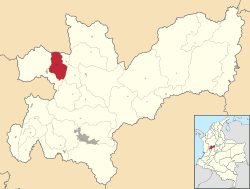 Location of the municipality and town of Supía, Caldas in the Caldas Department of Colombia.