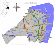 Map of Freehold Borough in Monmouth County. Inset: Location of Monmouth County highlighted in the State of New Jersey.