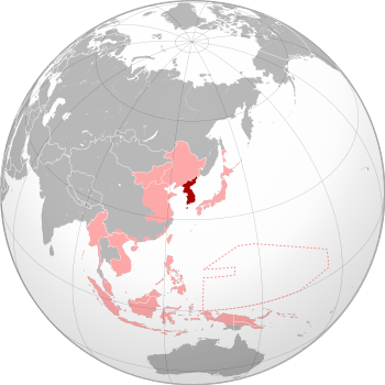 Korea (dark red) within the Empire of Japan (light red) at its furthest extent