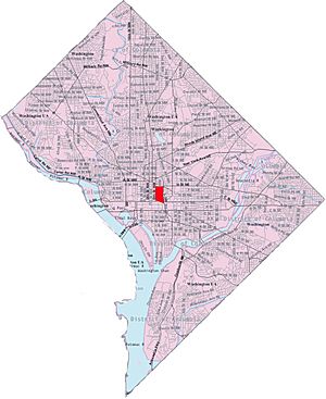 Map of Washington, D.C., with Judiciary Square highlighted in red