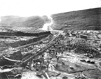 Mining claim showing sluicing operation on Anvil Creek, Alaska, ca 1900 (HEGG 318)