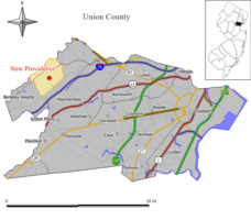Map of New Providence in Union County. Inset: Location of Union County in New Jersey