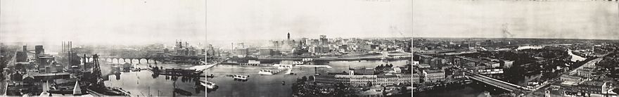 panoramic view of Saint Anthony Falls and the Mississippi riverfront in 1915