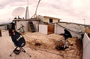 Satellite communications on top the roof of the Military Coordination Center (MCC) compound in the town of Zakho in northern Iraq. The MCC is the Joint Service Combined Forward Liai - DPLA - e90fe04d4efbcc81673678f66b9d75d2