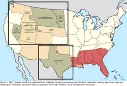 Map of the change to the United States in central North America on March 2, 1861