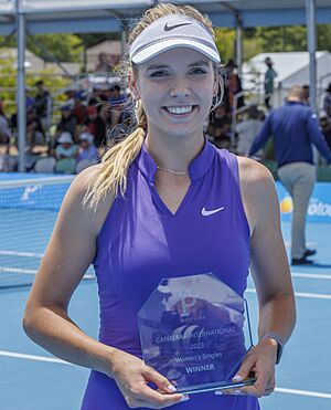 00001Canberra- 7 January 2023 – Britain's Katie Boulter after winning the final at the Canberra International tournament. Photo by Rob Keating, http---robiciatennisphotography.com2023 (cropped)