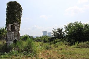 The chimney of the local inn in foreground, with Bellefonte Nuclear Generating Station in the background