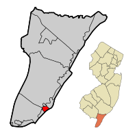 Map of Wildwood in Cape May County. Inset: Location of Cape May County highlighted in the State of New Jersey.