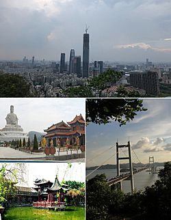 From top left, clockwise: Guanyin mountain, Humen Bridge, Keyuan, Dongguan Avenue