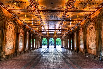 Early morning view under Bethesda Terrace, Central Park, NYC