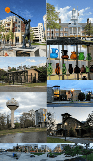 Clockwise from top right: Glassblower Statue, Bunce Hall (Rowan University), glass bottles from area glassworks, Glassboro Municipal Building, Hollybush Mansion, panorama of the Rowan Boulevard downtown area, Glassboro Water Tower, and Historic West Jersey Depot (old train station).