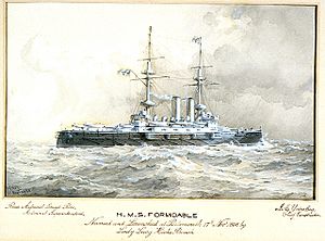 H.M.S. Formidable Named and Launched at Portsmouth 17th Novr 1898 by Lady Lucy Hicks Beach. Rear Admiral Ernest Rice, Admiral Superintendent. J A Yates Esq, Chief Constructor RMG PU6310.jpg