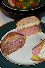 Salami sandwich and knish