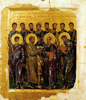 Synaxis of the Twelve Apostles by Constantinople master (early 14th c., Pushkin museum)