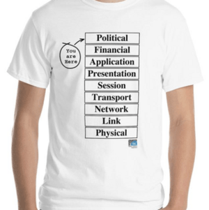 T-shirt, OSI model with Layer 8 and Layer 9, attributed to Evi Nemeth