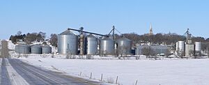 Tarnov seen from the east.  In the foreground are grain bins along the Nebraska Central Railroad track; on the hill right of center is the steeple of St. Michael's Catholic Church, February 2010