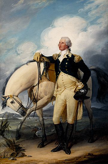 American General George Washington stands in front of a white horse, with the North or Hudson River in the background.