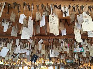 A sampling of the keys hung from the ceiling in the Key Room at The Baldpate Inn