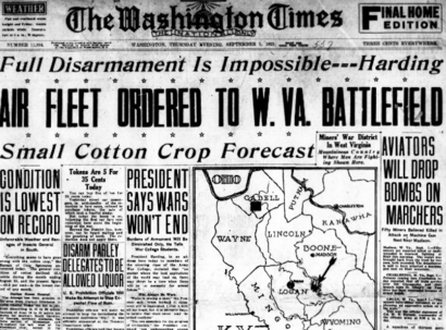 Airfleet ordered to West Virginia Battlefield during the Blair Mountain fight 1921.png