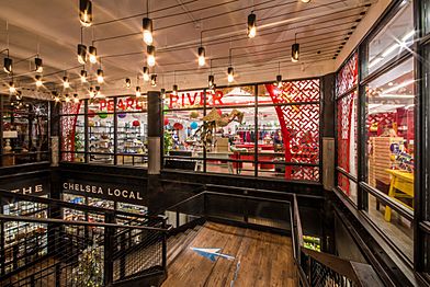 Chelsea Market's two levels featuring Pearl River Mart's colorful and cheery store above downstair's Chelsea Local