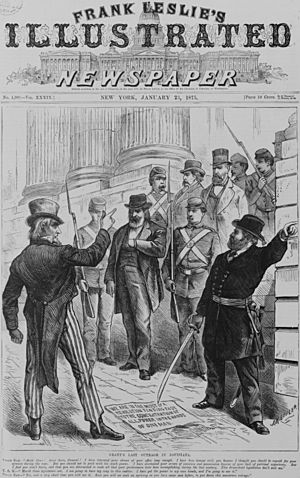Frank Leslie's Illustrated Newspaper on January 23, 1875 art detail, entitled "Grant's Last Outrage in Louisiana" (cropped)