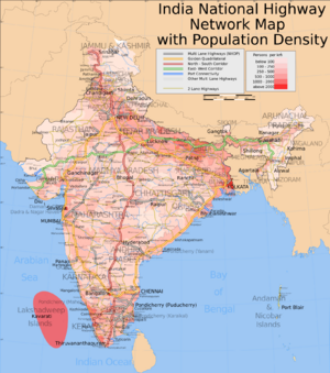 India roadway map with population density