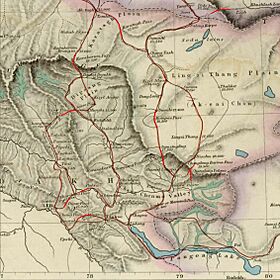 Map of Tibet and Pangong Lake in 1873 from Hindutagh-pass-aksai-chin-center2-1873 (cropped)