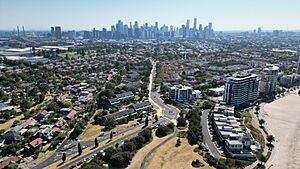 Melbourne city skyline from the perspective of Port Melbourne