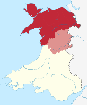 Historical extent of North Wales (red and lighter red), Montgomeryshire (lighter red) is sometimes also considered Mid Wales. Other cultural definitions of North Wales vary.