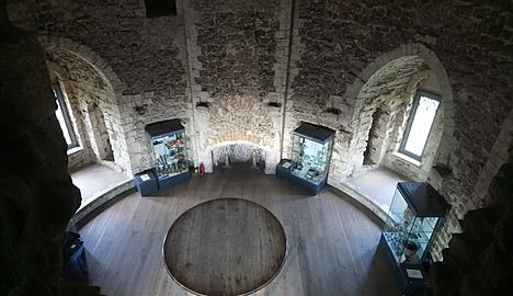 A circular room with windows and glass cabinets around the edge and a round table in the centre.