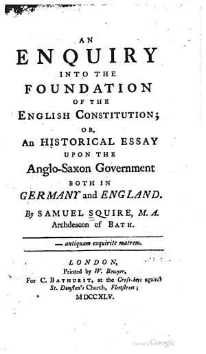 Samuel Squire, An Enquiry into the Foundation of the English Constitution (1745, title page)