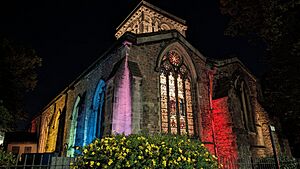 St Nicholas Church, Leicester, lit up in rainbow lights