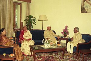 The President of India, Shankar Dayal Sharma and the first lady greeting the Vice President K. R. Narayanan on his birthday