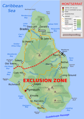 Topographic map of Montserrat showing the "exclusion zone" due to volcanic activity, and the new airport in the north. The roads and settlements in the exclusion zone have mostly been conquered by natural forces.