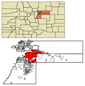 Location of the City of Aurora in Arapahoe, Adams, and Douglas counties, Colorado.