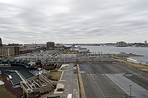 An overhead view of the Camden waterfront.