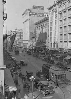 Broadway looking north from Seventh, Los Angeles, view of Mullen & Bluett