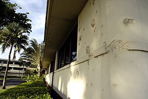 Bullet holes at headquarters building of Hickam Air Force Base