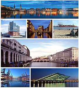 1st row: View of the Binnenalster; 2nd row: Große Freiheit, Speicherstadt, River Elbe; 3rd row: Alsterfleet; 4th row: Port of Hamburg, Dockland office building