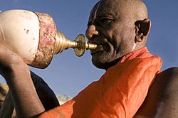 Hindu priest blowing conch during punja