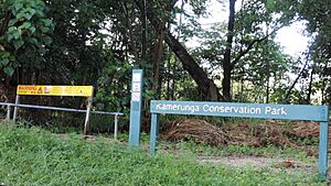 Kamerunga Conservation Park beside the Barron River with crocodile warning sign, Kamerunga, 2018 01
