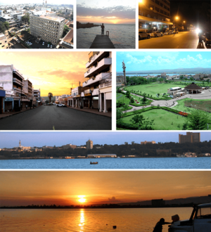 Clockwise: Lake Victoria Panorama, Kisumu Panorama, sunset at Oginga Odinga street, Downtown, Kiboko Point, Nighttime in Kisumu and Jomo Kenyatta Sports Ground