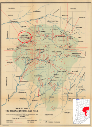 Map of the Indiana natural gas field with Kokomo circled and state inset