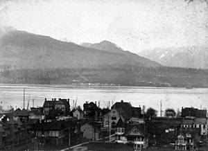 Mission (Ustlawn) Squamish Indian Reserve, seen from Vancouver. ca. 1903