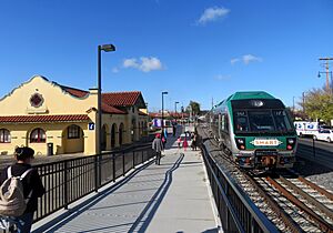 Northbound train and Petaluma station, December 2019
